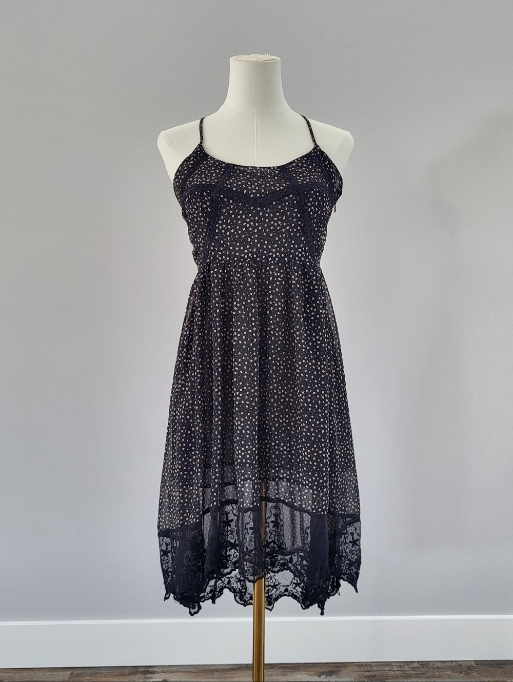 Black Floral Chiffon Midi Dress Sheer Hi Low Lace Hem Strappy M Tie Straps